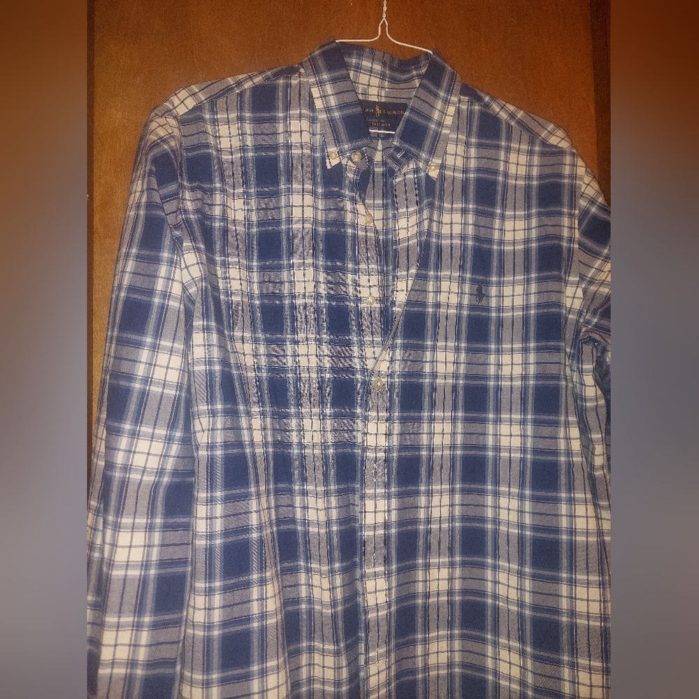 Ralph Lauren Men POLO logo Navy and White Plaid Shirt 100% cotton